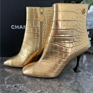 CHANEL Metallic Gold Ankle Boots